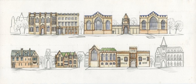 Paper cutouts of All Souls College and Jesus College before assembly.